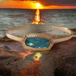 Aqua Rhinestone Cuff Bracelet Gold Tone Faux Abalone Adjustable Hippie Bohemian.